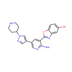 Nc1ncc(-c2cnn(C3CCNCC3)c2)cc1-c1nc2cc(O)ccc2o1 ZINC000084655063