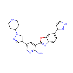 Nc1ncc(-c2cnn(C3CCNCC3)c2)cc1-c1nc2ccc(-c3cc[nH]n3)cc2o1 ZINC000084652257