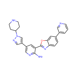 Nc1ncc(-c2cnn(C3CCNCC3)c2)cc1-c1nc2ccc(-c3cccnc3)cc2o1 ZINC000084739056