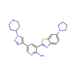 Nc1ncc(-c2cnn(C3CCNCC3)c2)cc1-c1nc2ccc(N3CCCC3)cc2o1 ZINC000103247698