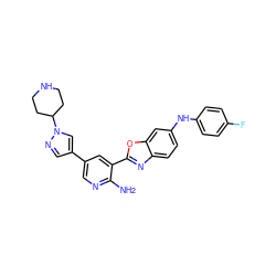 Nc1ncc(-c2cnn(C3CCNCC3)c2)cc1-c1nc2ccc(Nc3ccc(F)cc3)cc2o1 ZINC000084653442