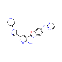 Nc1ncc(-c2cnn(C3CCNCC3)c2)cc1-c1nc2ccc(Nc3ncccn3)cc2o1 ZINC000084741330