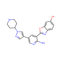 Nc1ncc(-c2cnn(C3CCNCC3)c2)cc1-c1nc2ccc(O)cc2o1 ZINC000084655065