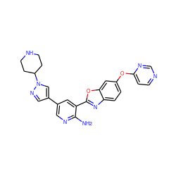 Nc1ncc(-c2cnn(C3CCNCC3)c2)cc1-c1nc2ccc(Oc3ccncn3)cc2o1 ZINC000084670944