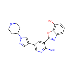 Nc1ncc(-c2cnn(C3CCNCC3)c2)cc1-c1nc2cccc(O)c2o1 ZINC000084655067