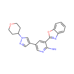 Nc1ncc(-c2cnn(C3CCOCC3)c2)cc1-c1nc2ccccc2o1 ZINC000053230880