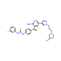 Nc1ncc(-c2cnn(CCCN3CC[C@@H](O)C3)c2)c2scc(-c3ccc(NC(=O)Nc4cccc(F)c4)cc3)c12 ZINC000084635538