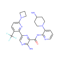 Nc1ncc(-c2nc(N3CCC3)ccc2C(F)(F)F)nc1C(=O)Nc1ncccc1N1CCC(N)CC1 ZINC001772649923