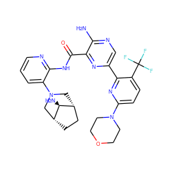 Nc1ncc(-c2nc(N3CCOCC3)ccc2C(F)(F)F)nc1C(=O)Nc1ncccc1N1C[C@@H]2CC[C@H](C1)[C@H]2N ZINC001772647046