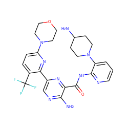 Nc1ncc(-c2nc(N3CCOCC3)ccc2C(F)(F)F)nc1C(=O)Nc1ncccc1N1CCC(N)CC1 ZINC001772605354