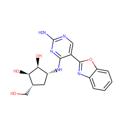 Nc1ncc(-c2nc3ccccc3o2)c(N[C@@H]2C[C@H](CO)[C@@H](O)[C@H]2O)n1 ZINC000207462811