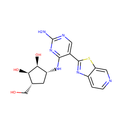 Nc1ncc(-c2nc3ccncc3s2)c(N[C@@H]2C[C@H](CO)[C@@H](O)[C@H]2O)n1 ZINC000207492832