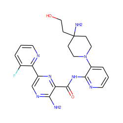 Nc1ncc(-c2ncccc2F)nc1C(=O)Nc1ncccc1N1CCC(N)(CCO)CC1 ZINC001772592847