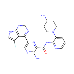 Nc1ncc(-c2ncnc3[nH]cc(F)c23)nc1C(=O)Nc1ncccc1N1CCC(N)CC1 ZINC001772628080