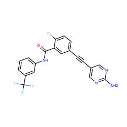 Nc1ncc(C#Cc2ccc(F)c(C(=O)Nc3cccc(C(F)(F)F)c3)c2)cn1 ZINC000014957121