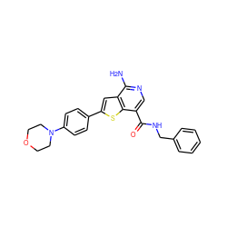 Nc1ncc(C(=O)NCc2ccccc2)c2sc(-c3ccc(N4CCOCC4)cc3)cc12 ZINC000073224654