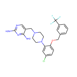 Nc1ncc(CN2CCN(c3cc(Cl)ccc3OCc3cccc(C(F)(F)F)c3)CC2)c(N)n1 ZINC001772611569