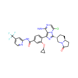 Nc1ncc(Cl)n2c([C@@H]3CC[C@H]4CCC(=O)N4C3)nc(-c3ccc(C(=O)Nc4cc(C(F)(F)F)ccn4)cc3OC3CC3)c12 ZINC000223329783