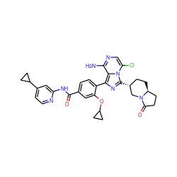 Nc1ncc(Cl)n2c([C@@H]3CC[C@H]4CCC(=O)N4C3)nc(-c3ccc(C(=O)Nc4cc(C5CC5)ccn4)cc3OC3CC3)c12 ZINC000145632905