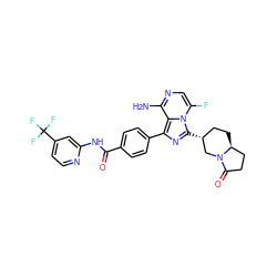 Nc1ncc(F)n2c([C@@H]3CC[C@H]4CCC(=O)N4C3)nc(-c3ccc(C(=O)Nc4cc(C(F)(F)F)ccn4)cc3)c12 ZINC000145575259