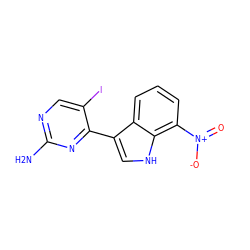 Nc1ncc(I)c(-c2c[nH]c3c([N+](=O)[O-])cccc23)n1 ZINC000072109755