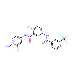 Nc1ncc(NC(=O)c2cc(NC(=O)c3cccc(C(F)(F)F)c3)ccc2Cl)cc1Cl ZINC000035952679