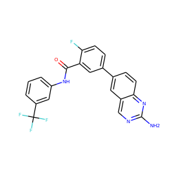 Nc1ncc2cc(-c3ccc(F)c(C(=O)Nc4cccc(C(F)(F)F)c4)c3)ccc2n1 ZINC000035049811