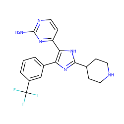 Nc1nccc(-c2[nH]c(C3CCNCC3)nc2-c2cccc(C(F)(F)F)c2)n1 ZINC000004617900