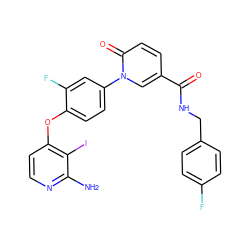 Nc1nccc(Oc2ccc(-n3cc(C(=O)NCc4ccc(F)cc4)ccc3=O)cc2F)c1I ZINC000205979910