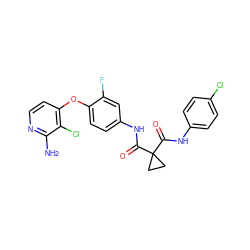 Nc1nccc(Oc2ccc(NC(=O)C3(C(=O)Nc4ccc(Cl)cc4)CC3)cc2F)c1Cl ZINC001772590697