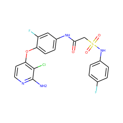 Nc1nccc(Oc2ccc(NC(=O)CS(=O)(=O)Nc3ccc(F)cc3)cc2F)c1Cl ZINC000169333307