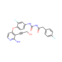 Nc1nccc(Oc2ccc(NC(=O)NC(=O)Cc3ccc(F)cc3)cc2F)c1C#CCO ZINC000040979946