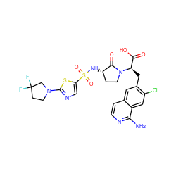 Nc1nccc2cc(C[C@H](C(=O)O)N3CC[C@H](NS(=O)(=O)c4cnc(N5CCC(F)(F)C5)s4)C3=O)c(Cl)cc12 ZINC000142602628