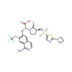 Nc1nccc2cc(C[C@H](C(=O)O)N3CC[C@H](NS(=O)(=O)c4cnc(N5CCC5)s4)C3=O)c(OC(F)(F)F)cc12 ZINC000142508451