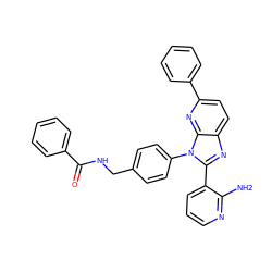 Nc1ncccc1-c1nc2ccc(-c3ccccc3)nc2n1-c1ccc(CNC(=O)c2ccccc2)cc1 ZINC000095575904