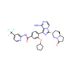 Nc1nccn2c([C@@H]3CC[C@H]4CCC(=O)N4C3)nc(-c3ccc(C(=O)Nc4cc(C(F)(F)F)ccn4)cc3OC3CCCC3)c12 ZINC000145420599