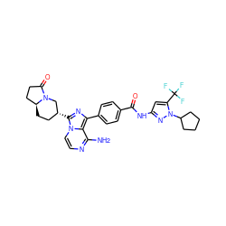 Nc1nccn2c([C@@H]3CC[C@H]4CCC(=O)N4C3)nc(-c3ccc(C(=O)Nc4cc(C(F)(F)F)n(C5CCCC5)n4)cc3)c12 ZINC000145414471