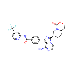 Nc1nccn2c([C@@H]3CC[C@H]4CCOC(=O)N4C3)nc(-c3ccc(C(=O)Nc4cc(C(F)(F)F)ccn4)cc3)c12 ZINC000145408292