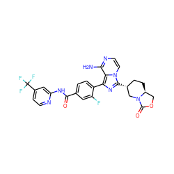 Nc1nccn2c([C@@H]3CC[C@H]4COC(=O)N4C3)nc(-c3ccc(C(=O)Nc4cc(C(F)(F)F)ccn4)cc3F)c12 ZINC000145509870