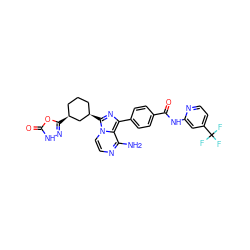 Nc1nccn2c([C@@H]3CCC[C@H](c4n[nH]c(=O)o4)C3)nc(-c3ccc(C(=O)Nc4cc(C(F)(F)F)ccn4)cc3)c12 ZINC001772654272