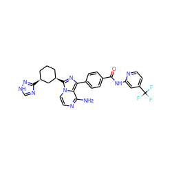 Nc1nccn2c([C@@H]3CCC[C@H](c4nc[nH]n4)C3)nc(-c3ccc(C(=O)Nc4cc(C(F)(F)F)ccn4)cc3)c12 ZINC001772617258