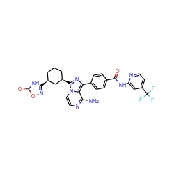 Nc1nccn2c([C@@H]3CCC[C@H](c4noc(=O)[nH]4)C3)nc(-c3ccc(C(=O)Nc4cc(C(F)(F)F)ccn4)cc3)c12 ZINC001772597298