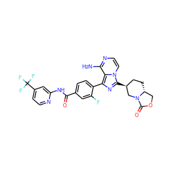 Nc1nccn2c([C@H]3CC[C@@H]4COC(=O)N4C3)nc(-c3ccc(C(=O)Nc4cc(C(F)(F)F)ccn4)cc3F)c12 ZINC000145587000