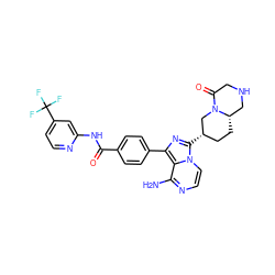 Nc1nccn2c([C@H]3CC[C@H]4CNCC(=O)N4C3)nc(-c3ccc(C(=O)Nc4cc(C(F)(F)F)ccn4)cc3)c12 ZINC000145520565