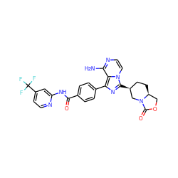 Nc1nccn2c([C@H]3CC[C@H]4COC(=O)N4C3)nc(-c3ccc(C(=O)Nc4cc(C(F)(F)F)ccn4)cc3)c12 ZINC000145501810