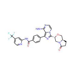 Nc1nccn2c([C@H]3CN4C(=O)CC[C@@H]4CO3)nc(-c3ccc(C(=O)Nc4cc(C(F)(F)F)ccn4)cc3)c12 ZINC000145411879