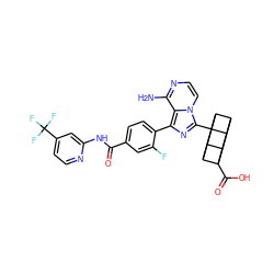 Nc1nccn2c(C34C5C6C3C3C4C5C63C(=O)O)nc(-c3ccc(C(=O)Nc4cc(C(F)(F)F)ccn4)cc3F)c12 ZINC001772580676