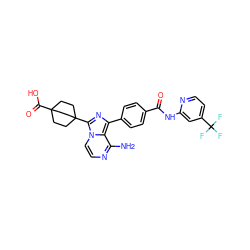 Nc1nccn2c(C34CCC(C(=O)O)(CC3)CC4)nc(-c3ccc(C(=O)Nc4cc(C(F)(F)F)ccn4)cc3)c12 ZINC001772602325