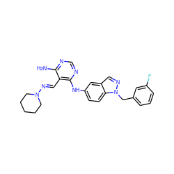 Nc1ncnc(Nc2ccc3c(cnn3Cc3cccc(F)c3)c2)c1/C=N/N1CCCCC1 ZINC000040430046