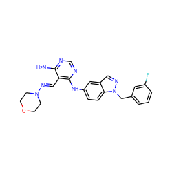 Nc1ncnc(Nc2ccc3c(cnn3Cc3cccc(F)c3)c2)c1/C=N/N1CCOCC1 ZINC000040973370